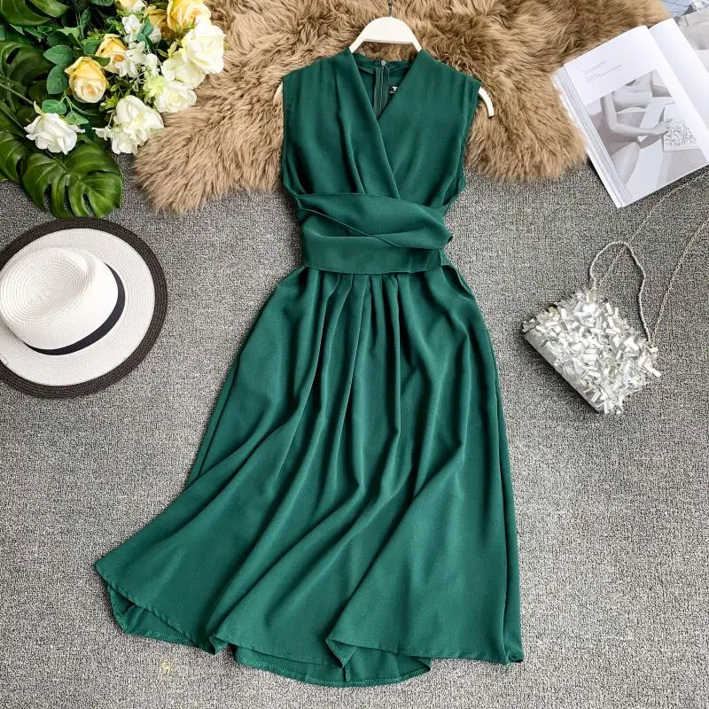 

new Summer dress Women clothes 2019 fashion Casual Solid color sleeveless dress Sexy V-neck prom party dresses Ladies 893
