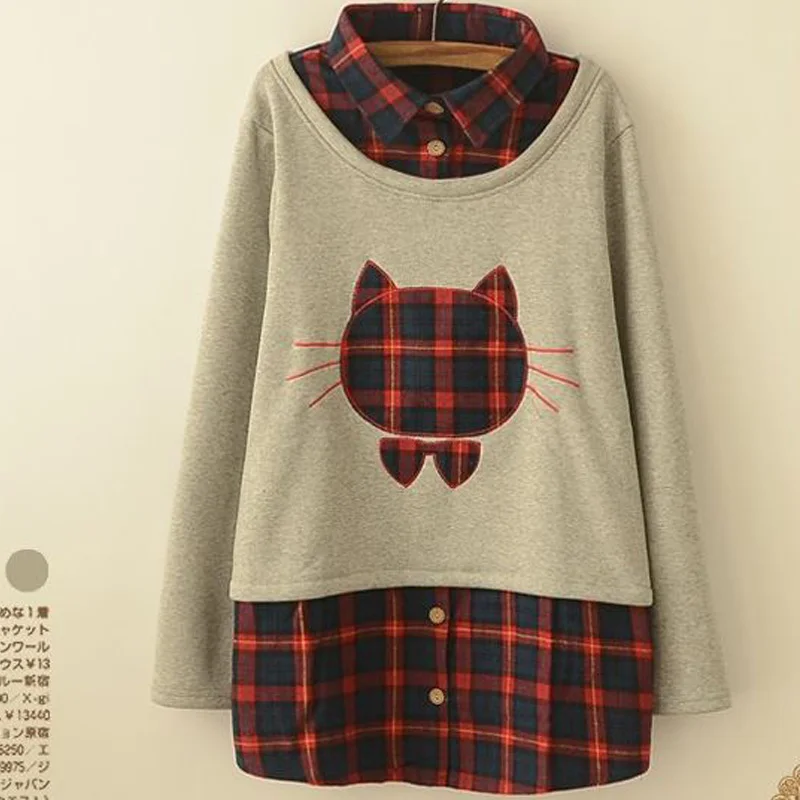  Winter Thick Cute Cat Pullovers Casual Full Sleeve Character Women Tops Fashion Plaid Turn-down Col