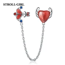 Strollgirl 925 Sterling Silver Love&arrow for Safety Chain with Red Enamel Stopper Beads Fit Charm Bracelet for Women Jewelry bamoer 100% 925 sterling silver purple enamel daisy flower safety chain stopper charm fit charm bracelet diy jewelry scc602