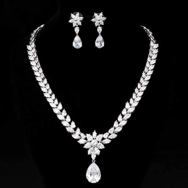 

White Gold Color Luxury Bridal CZ Flower and water droplets Crystal Necklace and Earring Set Big Wedding Jewelry Sets For Brides