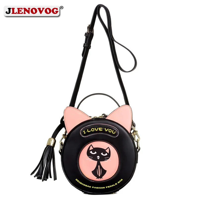 

Funny Cat print Crossbody Bag Girls Round Shaped Handbag Cute Ladies Black Leather Carton Kitty Tote with Ears Blue Kuwaii Purse