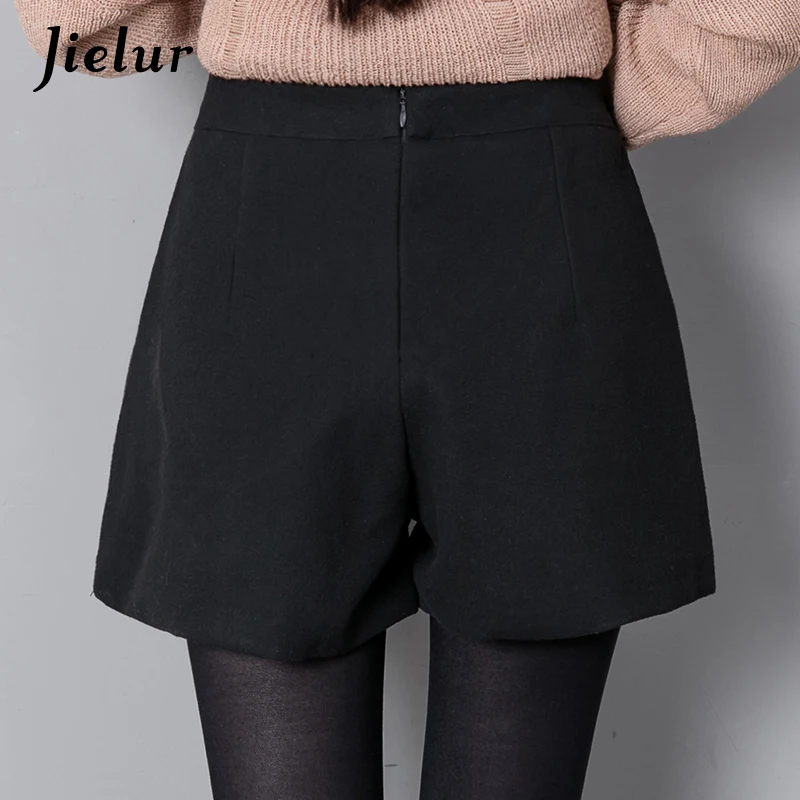 Jielur Autumn Korean Fashion Black Shorts for Women Winter Classic Basic Casual Wide Leg Short Femme Loose Zipper Woolen Shorts