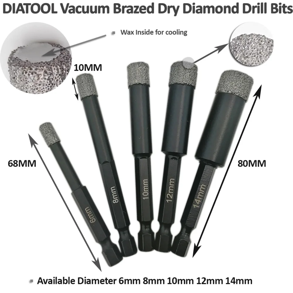 DIATOOL 2pcs 6mm Professional Quality Vacuum Brazed Diamond Core Bits With Qucik Fitting Shank, Dry Drilling Bits