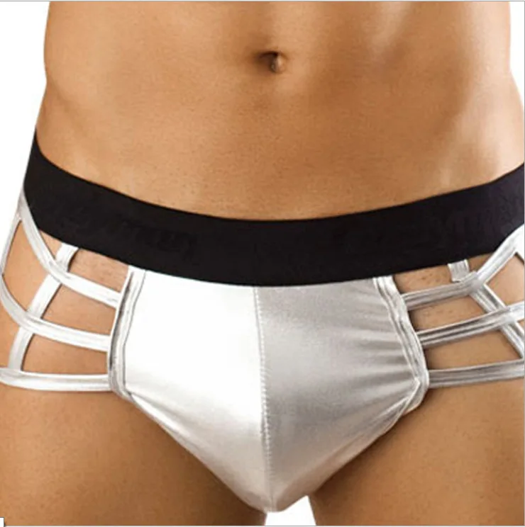 Sexy Mens Underwear Metallic Wet Look Pouch Strappy Hollow Out Boxer Brief Knickers Shorts Stripper Show Lingerie for Him