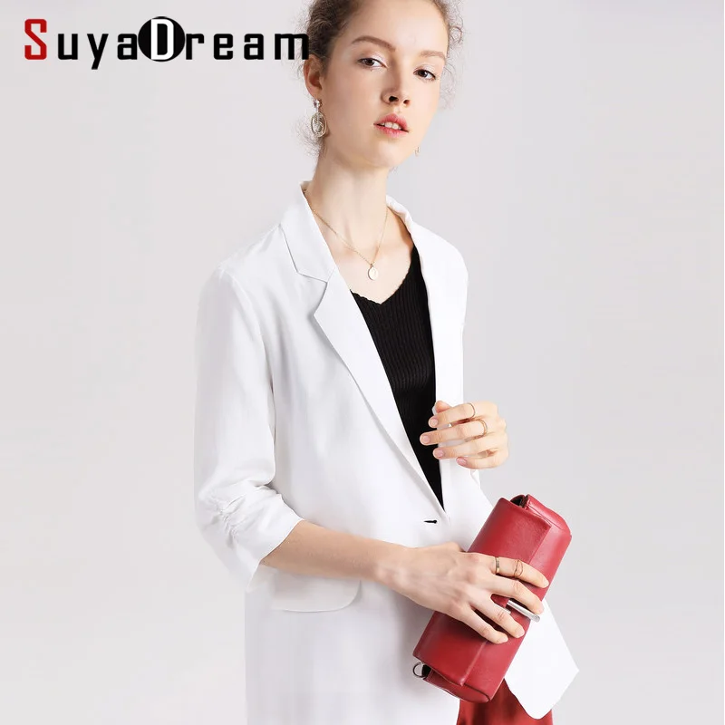 

Women White Blazers 100%Silk Solid 3/4 Sleeved Black Office Lady Blazer 2019 NEW Fall Winter Out wear