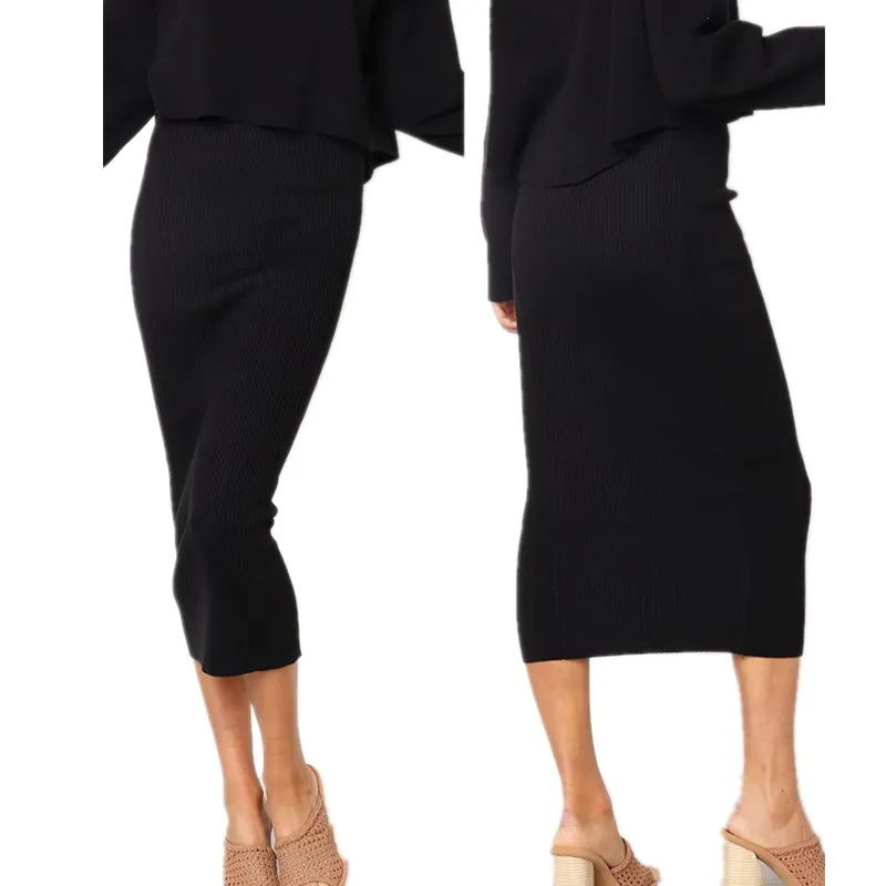 LOSSKY Knitted 2019 Autumn Bodycon Long Skirt Sexy Black White High Waist Tight Women Maxi Elegant Party Club Wear Pencil Skirts