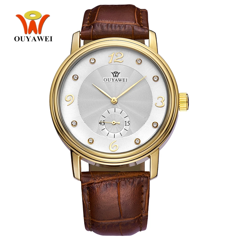 

2017 OUYAWEI Brand Men Self Wind Mechanical Watches Leather Strap 30M Waterproof Luxury Gold White Wristwatch Relogio masculino
