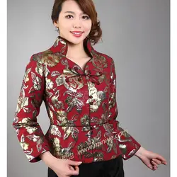 Красный Винтаж китайский стиль Для женщин шелковый атлас пальто куртки одежда с длинным рукавом Цветы Размеры размеры s m l xl XXL, XXXL
