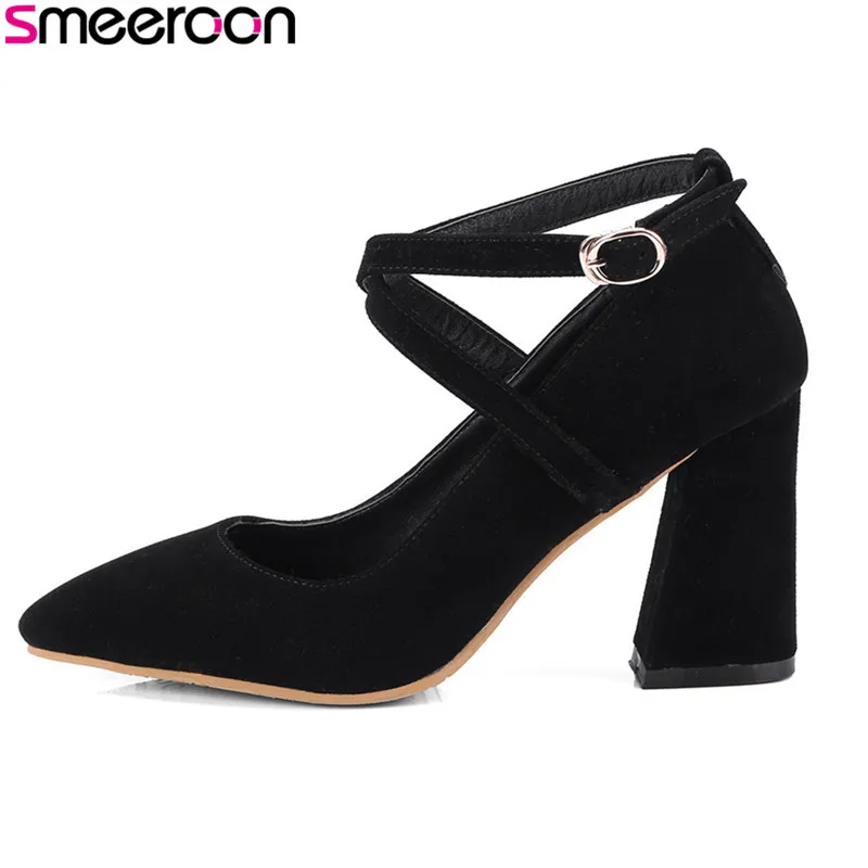 

Smeeroon 2018 new style Size 32-42spring fashion high quality square heels shallow with buckle pumps party concise ladies shoes
