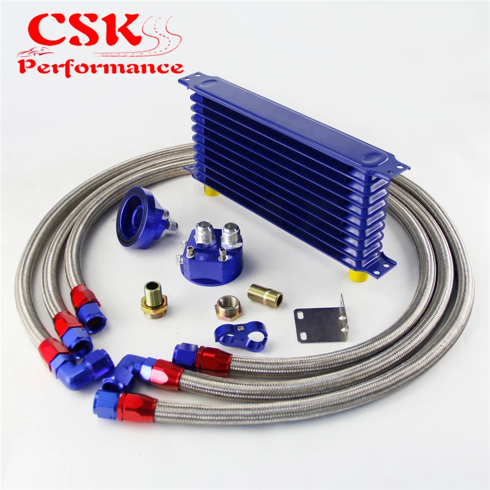 10 Row 262mm AN10 Universal Engine Transmission Oil Cooler Trust Type + Filter Adapter Kit Silver/Blue/Black |