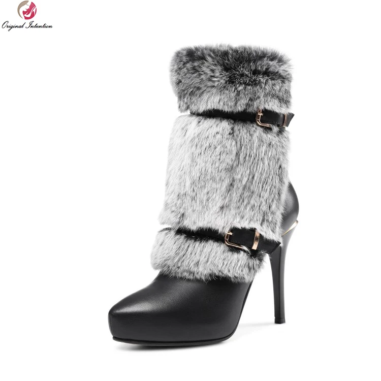 

Original Intention Women Elegant Ankle Boots Real Leather Fur Round Toe Thin Heels Boots Black White Shoes Woman US Size 4-8.5