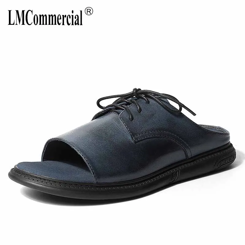 

Slipper Men British Fashion Open Toe Leisure Men Beach Shoes fender summer men genuine leather slippers British retro cowhide