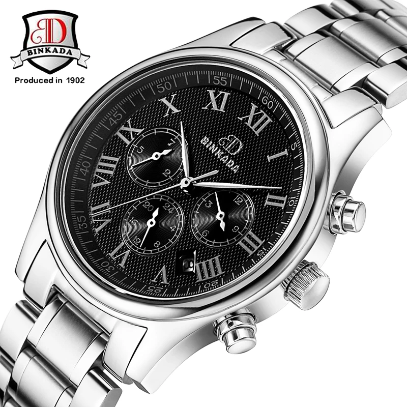 

BINKADA Brand Men Mechanical Business Watches Real 3 Eyes 6 Hands Analog Clock Stainless Steel Calendar Relojes Automatic 3ATM