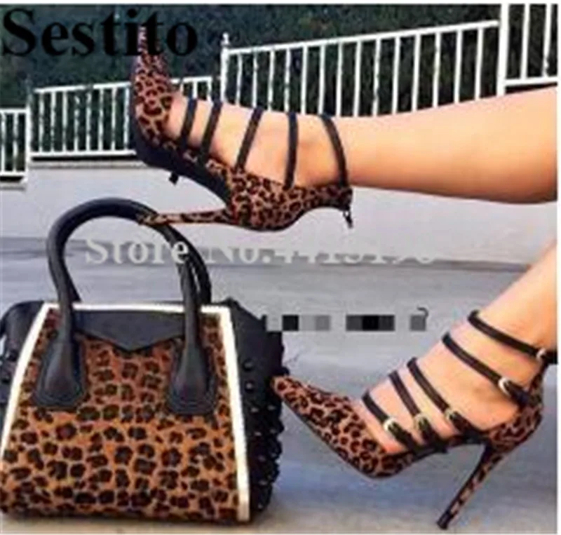 

European Fashion Pointed Toe Leopard Super High Thin Heels Party Pumps Buckle Strap Shallow Cover Heel Women Shoes Spring/Autumn