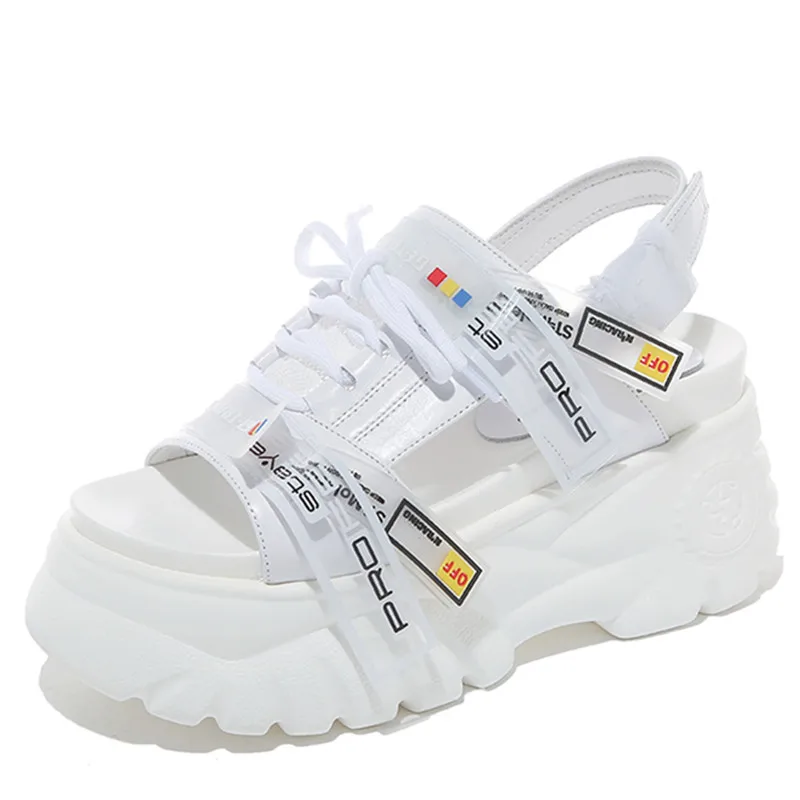 Women's Platform Sandals Summer White Black Wedge High Heels Shoes Female Leather Casual Chunky Sandals Buckle Beach Shoes