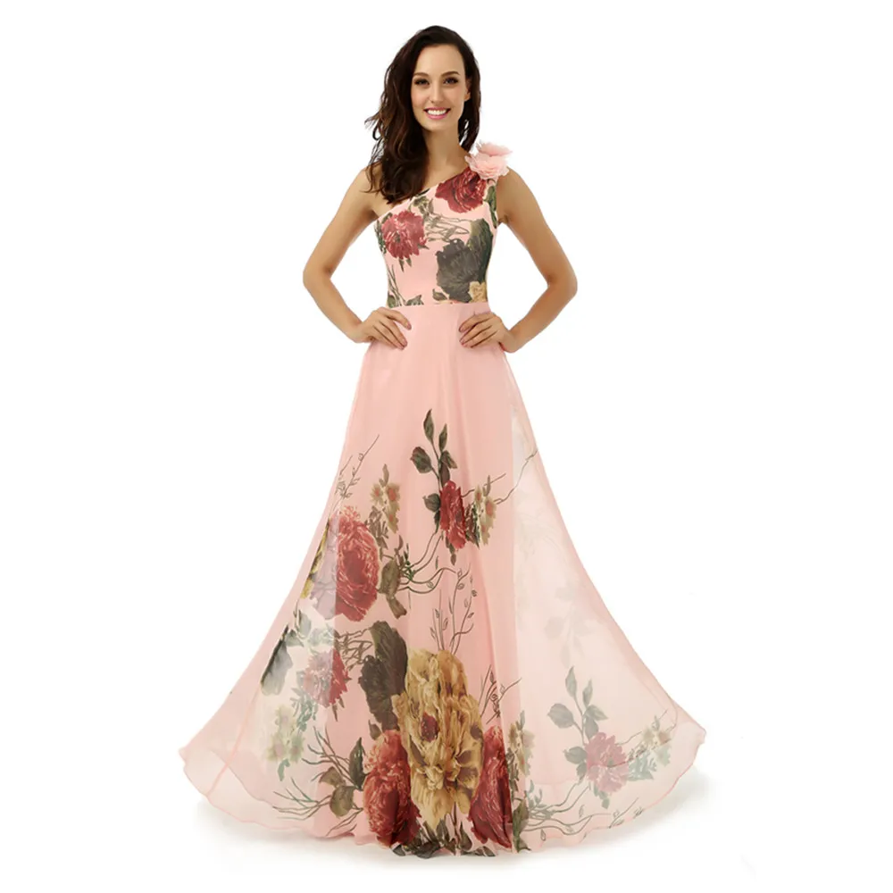2017 Flower Pattern Floral Print Chiffon Evening Party Dresses One Shoulder Prom Gowns Celebrity