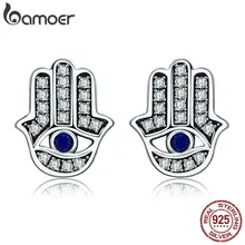 BAMOER, трендовые, 925 пробы, серебряные, модные, Хамса, ручная работа, прозрачные CZ серьги-гвоздики для женщин, Стерлинговое Серебро, ювелирное изделие, подарок SCE389