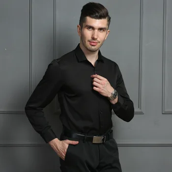 

Social Business Pure Color Springy Easy-care Casual Dress Long Sleeve Men Shirt Soft Comfortable Non-Iron Blue Black Camisa