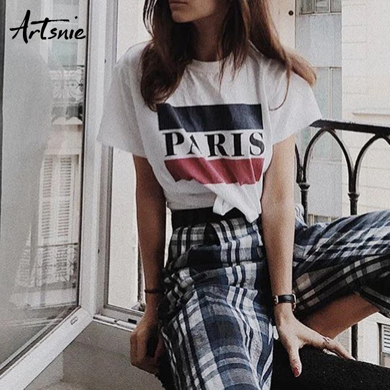 

Artsnie white casual streetwear letter women t shirt summer 2019 o neck short sleeve knitted tee tops girls tshirt mujer camisa