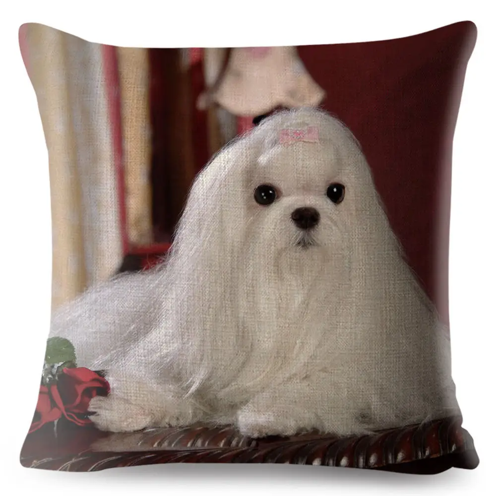 Cute Animal Pet Maltese Dog Pillow Cover Linen Cushion Covers 45*45cm Square Pillow Case Sofa Car Home Decoration Pillowcase