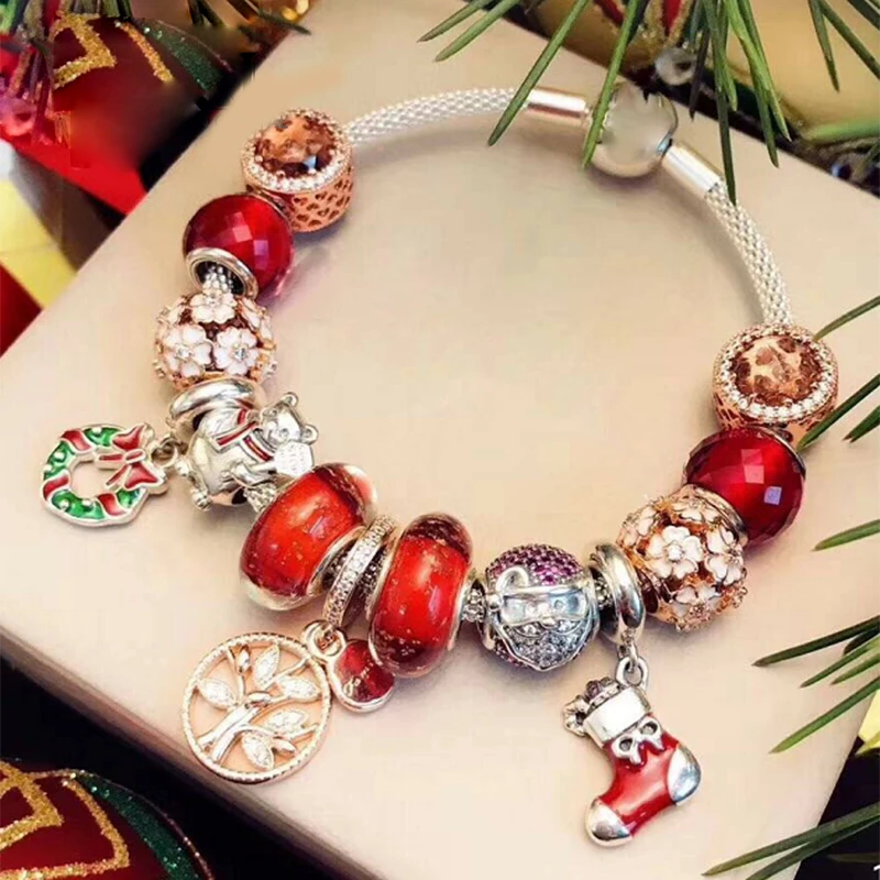 

NEW 100% 925 Sterling Silver Winter Christmas Bracelet Set Life Tree Daisy Crystal Love Christmas Stockings Charm Women