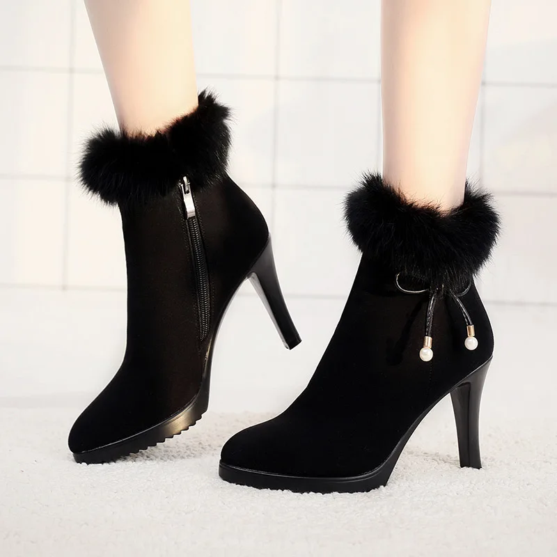 

Size 32-43 Female Winter Thin Heel Martin Boots High Heel Point Toe Fur Black Ankle Boots