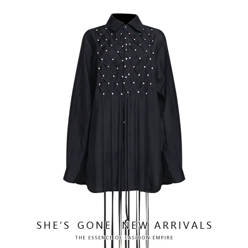

OMIKRON 2019 New Summer Casual Handmade Inlaid Cryatal Shirts Female Long Tassel Blouse Retro Button Long Sleeve Women Blouse