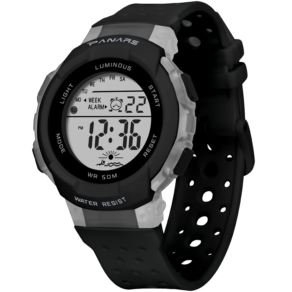 PANARS детские спортивные цифровые часы спортивные водонепроницаемые красочные светодиодный наручные часы многофункциональные дышащие студенческие часы - Color: Black