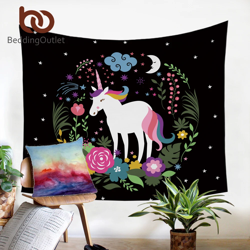 

BeddingOutlet Unicorn Cartoon Tapestry Wall Hanging Flowers Decorative Wall Art Rainbow Hair Bedspreads Stars Moon Flat Sheets