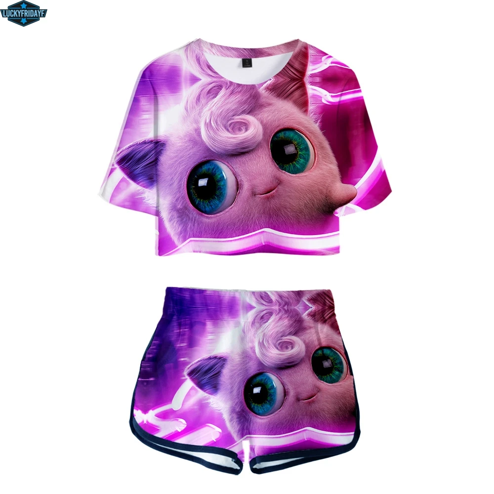 

Pokemon Detective Pikachu 3D Print Basic Women Two Pic Set Street Fashion Summer Personality T-shirt And Short Pants Sets 2XL