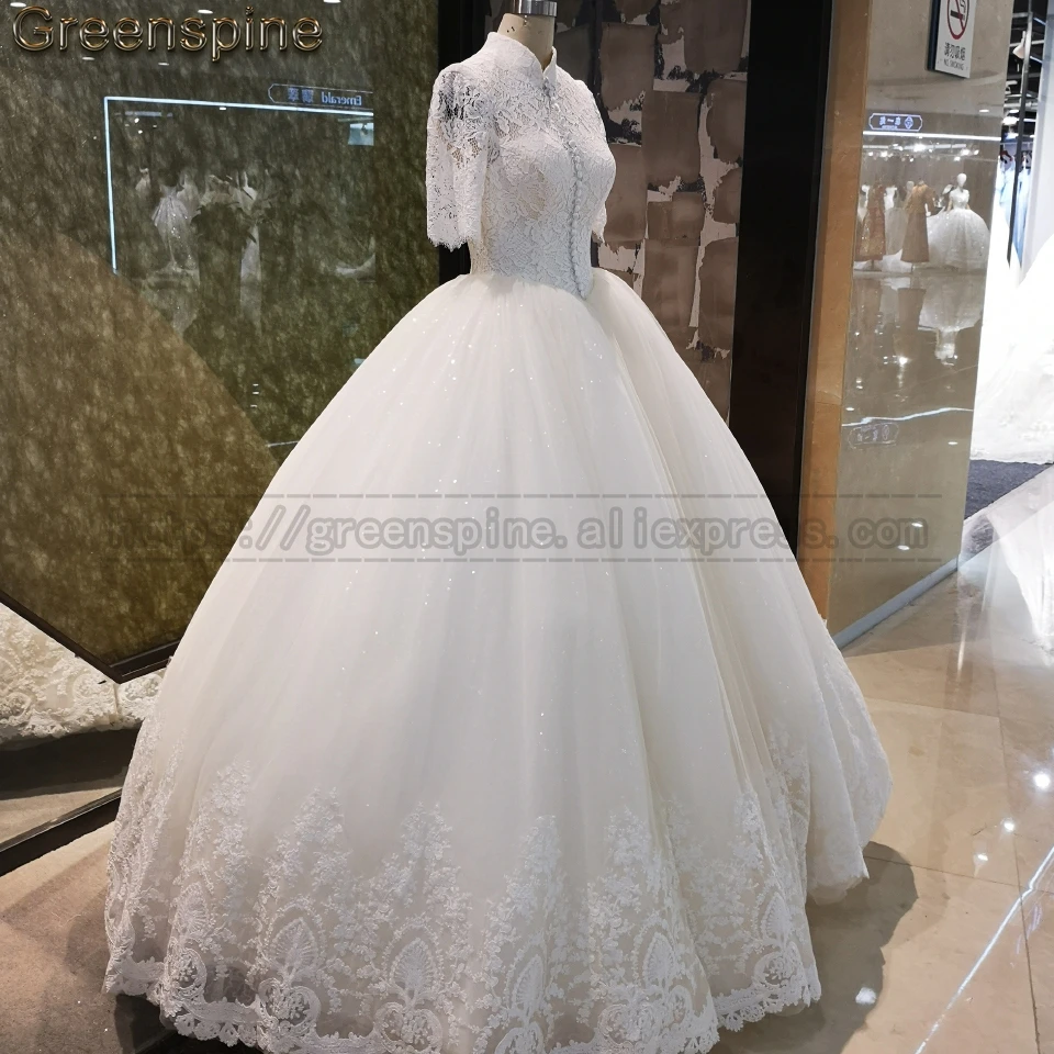 Greenspine African Tulle Wedding Dresses Lace Bridal Gowns Half Sleeve Brautkleider Hochzeitskleid Wedding Dress Plus Size