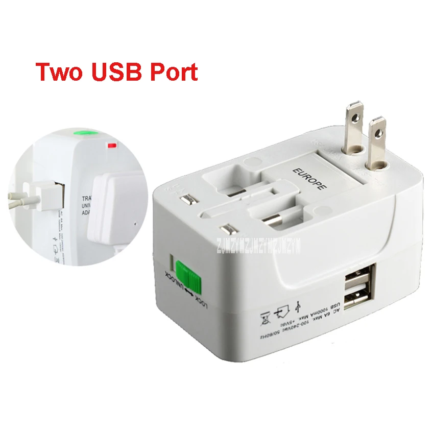 

New Universal Travel Power Plug Adapter Socket 2 USB Charging AC Power Converter Plug Power Conversion Socket 100-240V 1500W 6A