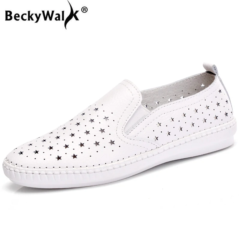 

BeckyWalk New Summer Women Shoes Star Cutouts Casual Loafers Genuine Leather Shoes Woman White/Black Lady Sandals Shoes WSH2703