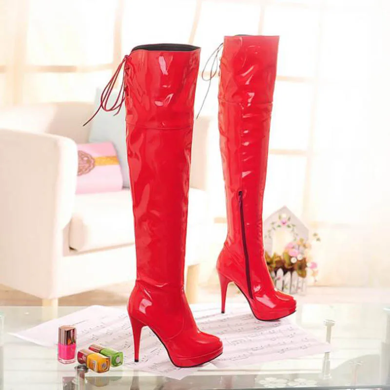 Fashion Japanned Leather Side Zip Back Lace Up Platform High Heels Over The Knee Boots 43