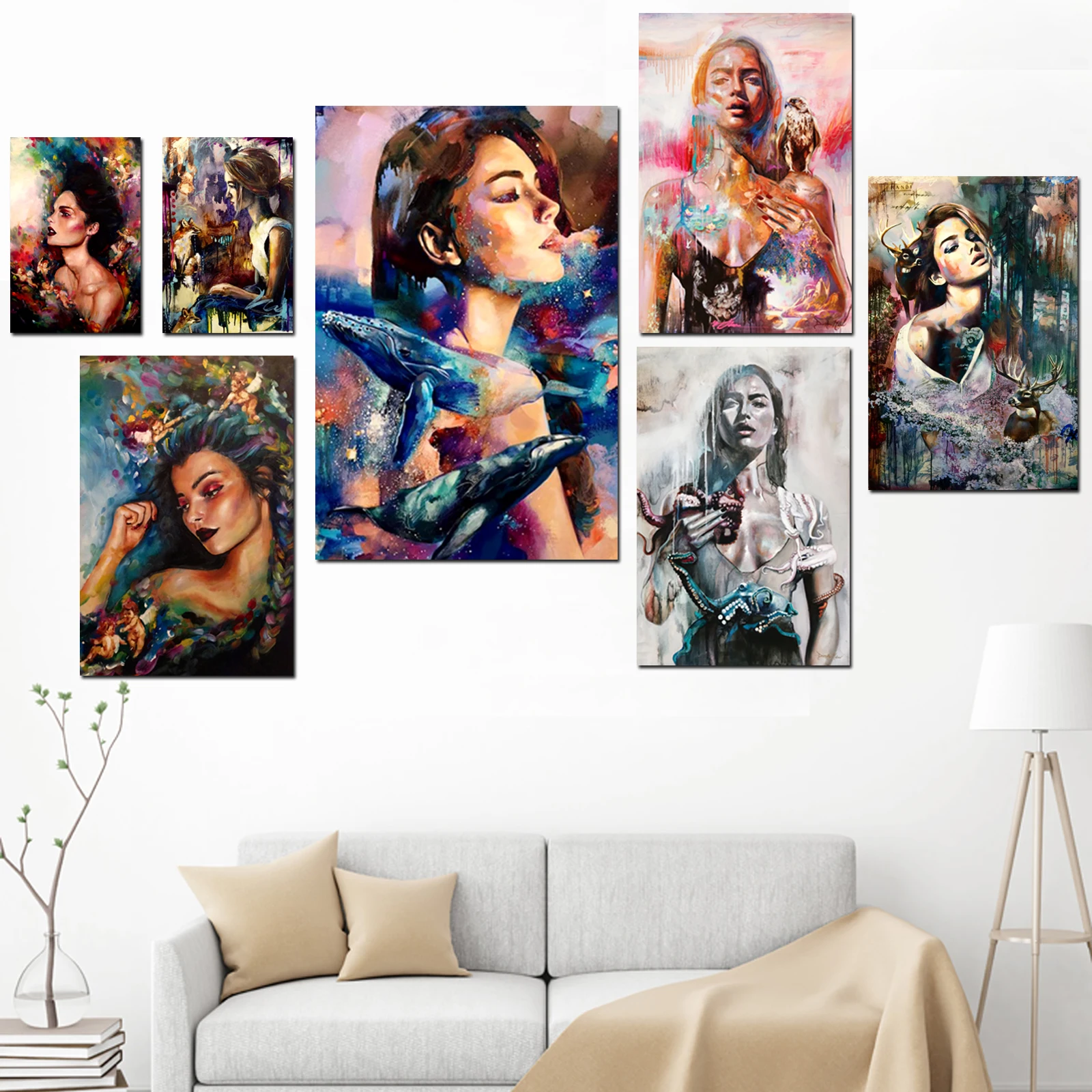 

Wolf Parrot Dolphin Abstract Art Girl Scroll Painting Canvas Art Wall Pictures Frame Painting Vintage Posters and Prints Art