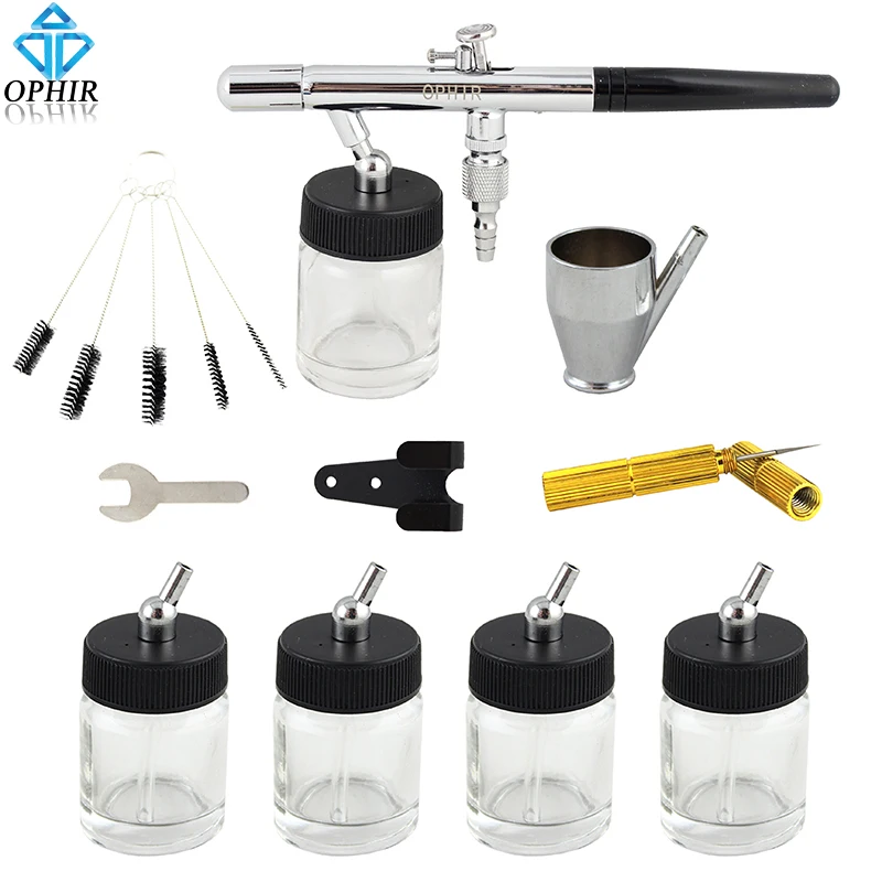 Pistola de Pintura Escova de ar com Kit de Limpeza para Modelo 0.35mm para Baixo Art_ac072 + 016-4x + 023 + 035 Ophir Pote Dupla Ação Airbrush Conjunto Hobby Corpo