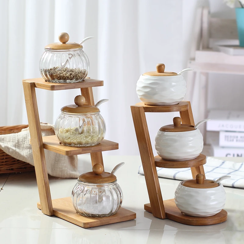 

Trapezoidal bamboo shelf glass ceramic tin seasoning box pot mason jar lids container secret stash tea jar pudding cup