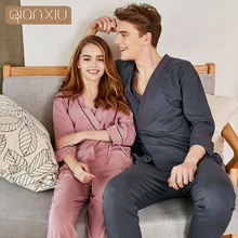 Осенняя Домашняя одежда мужские повседневные пижамные комплекты мужской вязаный хлопковый пижамный комплект пары v-образным вырезом воротник рубашка и брюки с поясом