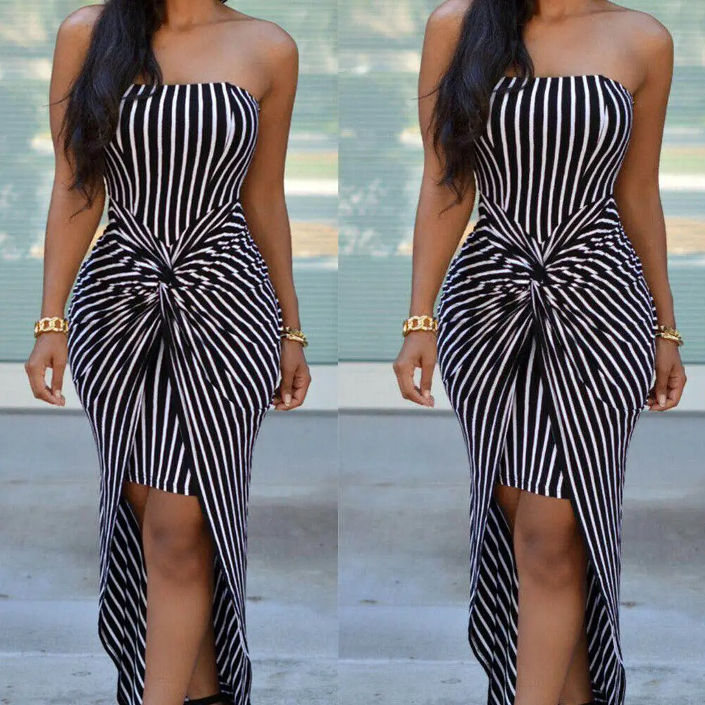 

Womens Sexy Off Shoulder Dress Stripe Prom Evening Party Dress Strapless Sleeveless Bodycon Spliced Pencil Dress Summer Lady