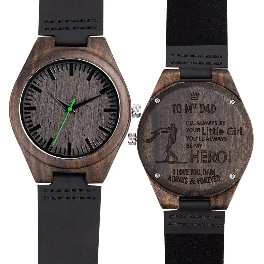 

Fashion Wooden Engraved To My Son Dad Husband Round Dial Faux Leather Strap Wrist Watch