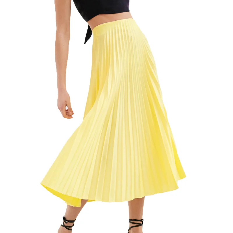 Летние женские юбки, повседневная желтая длинная юбка с высокой талией, свободная плиссированная юбка