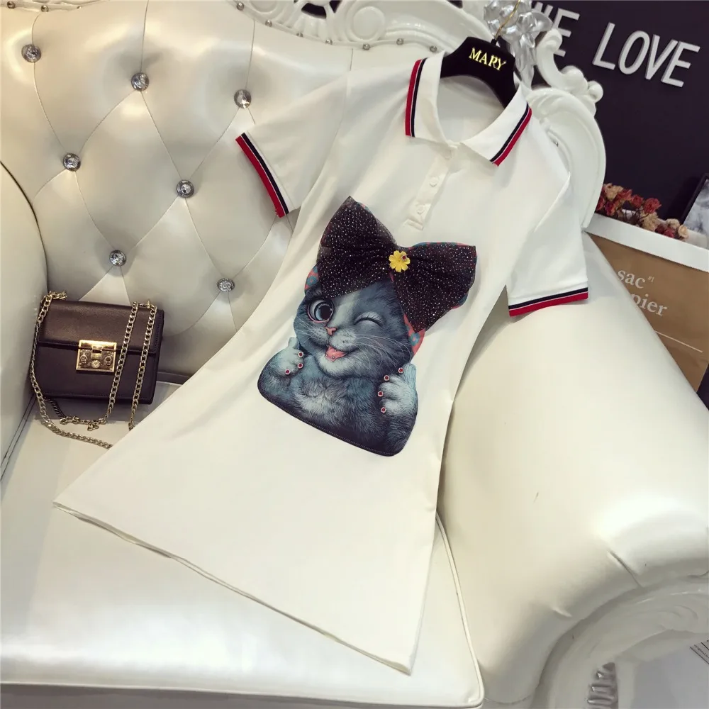 

Amolapha Women Bow Cartoon Cat Printed Turn Down Collar Tshirt Dresses Casual Summer Lady Polo Callar Dress Clothing