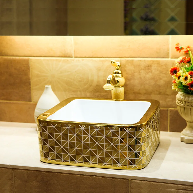 Home Hotel Decor Artistic China Wash Basin Ceramic Art Bathroom Vessel Sinks Counter Top Square Silver Gold Mosaic In Bathroom Sinks From Home Home Hotel Decor Artistic China Wash Basin Ceramic Art Bathroom Vessel Sinks Counter Top Square Silver Gold Mosaic In Bathroom Sinks From Home
