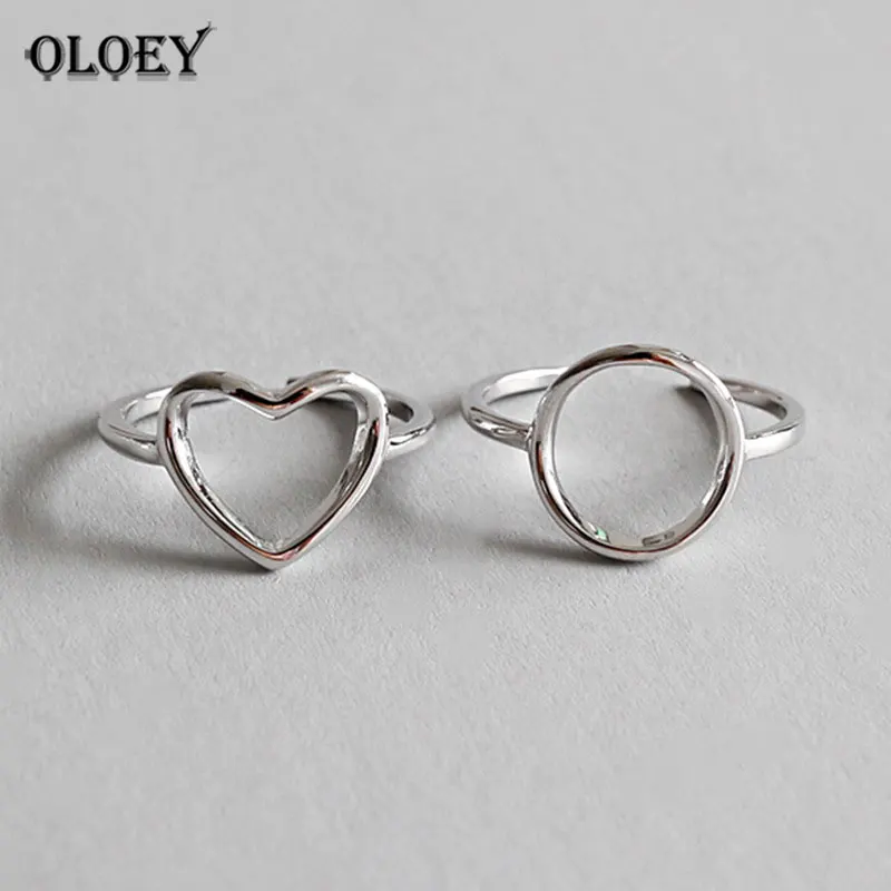 

OLOEY Genuine 925 Sterling Silver Open Rings for Women Creative Geometric Hollow Round Heart Shape Love Rings Bague Femme YMR652