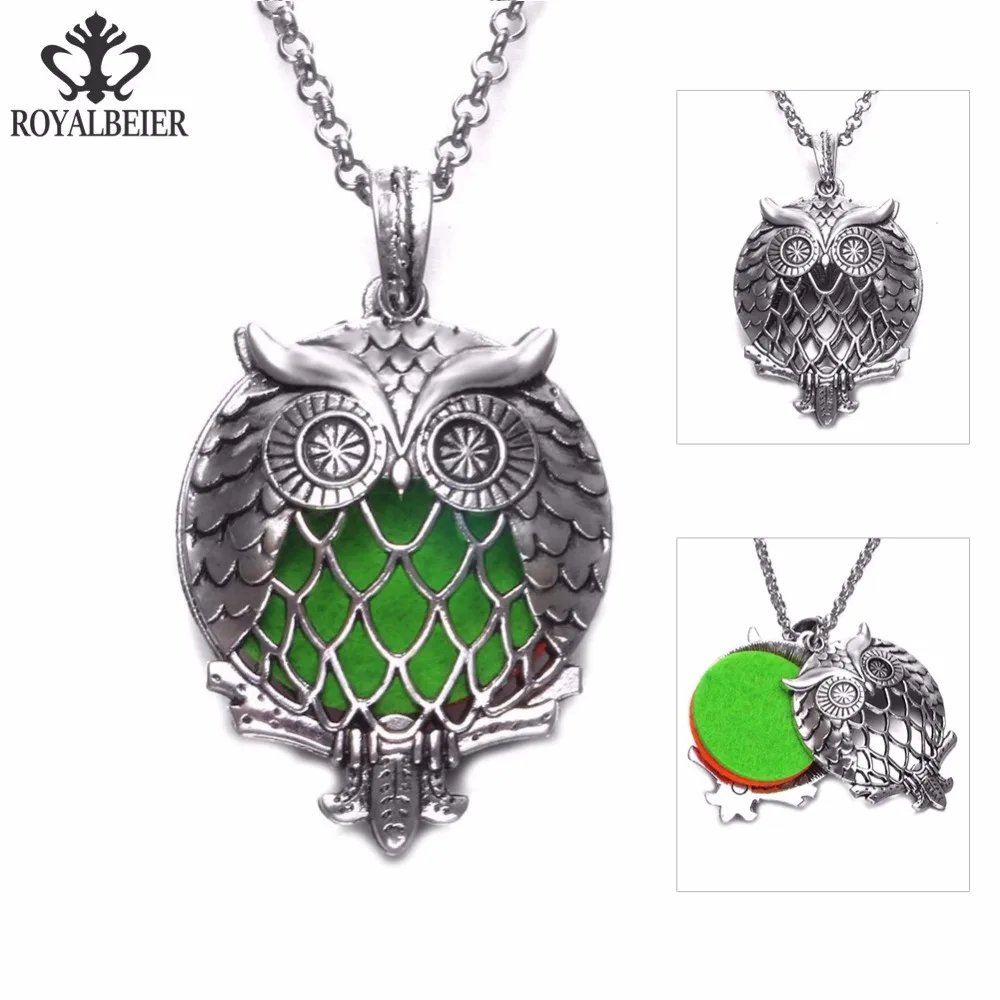 

Silver Charms Pendant Cute Owl Pattern Perfume Aroma Magnet Pendant Necklace With Foam Pad Link Chain 80cm Length DZ1820