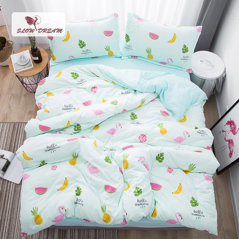 SlowDream Flamingos Bedding Set Nordic Bedspread Comforter Luxury Duvet Cover Double Sheets Twin Queen King Green