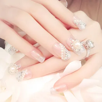 

Women Fashion False Nails with Glue Girl 3D Simulation Pearl Translucent Long Nail Tips Bride Handmade Delicate Artificial Nails