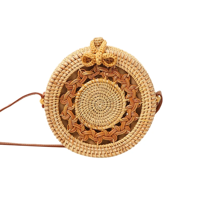 

Handwoven Round Rattan Crossbody Bag For Women Leather Shoulder Straps Round Rattan Purse Straw Bags