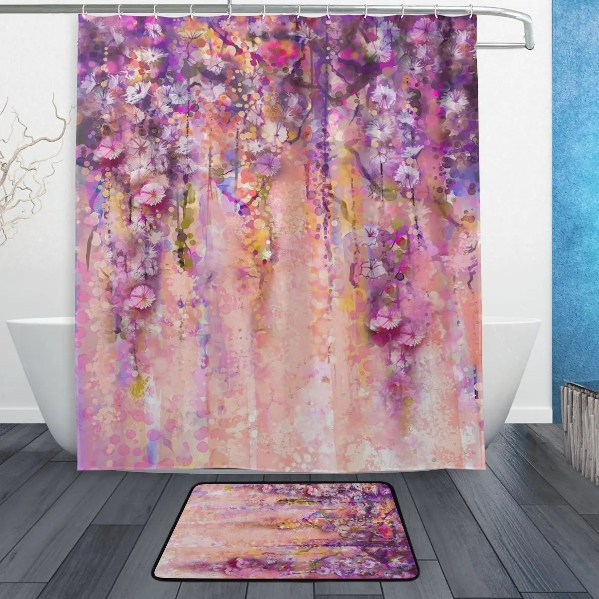 

Abstract Flowers Watercolor Painting Shower Curtain and Mat Set, Spring Purple florals Waterproof Fabric Bathroom Curtain