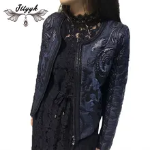 2018 spring autumn Denim basic Women jacket short round neck cowboy stitching PU washed leather Slim retro pilot Women Coat L311